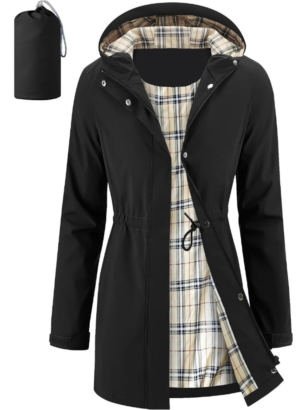 Women's Black Long Rain Jacket Waterproof Packable Hooded Windbreaker Daily Wear